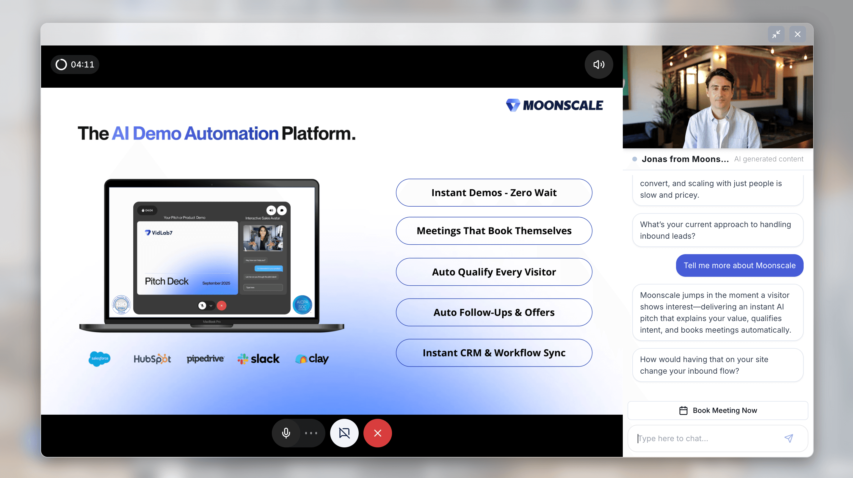 An active AI avatar call via the Moonscale webapp